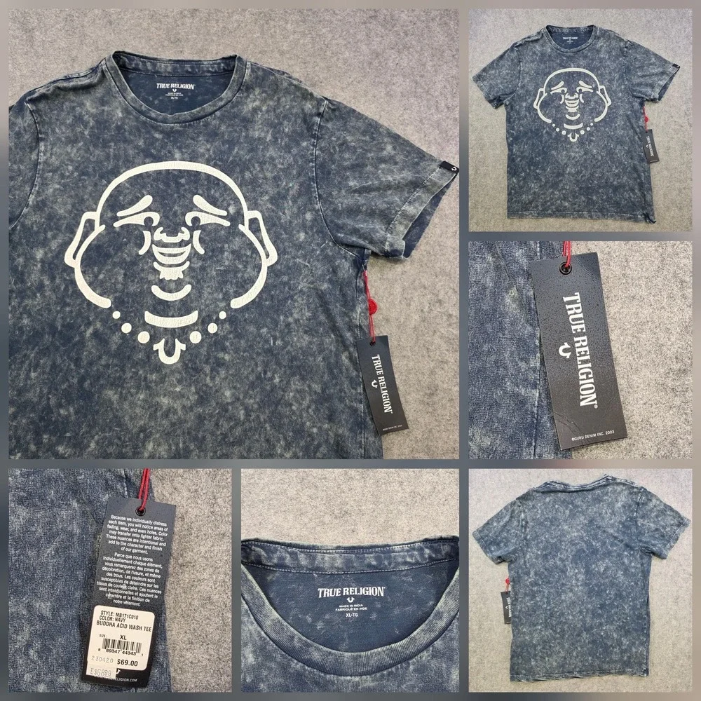 True Religion Shirt Mens XL Blue Buddha Acid Wash Crewneck Graphic Tee Logo